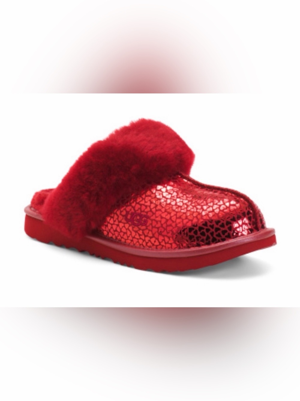 Kids UGG Red Metallic Faux-Fur Slide with hearts
